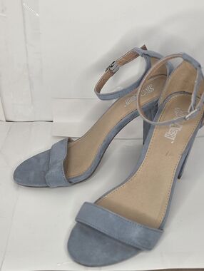 Brash Ladies Ankle-Strap Suede Heels in Dusty Blue